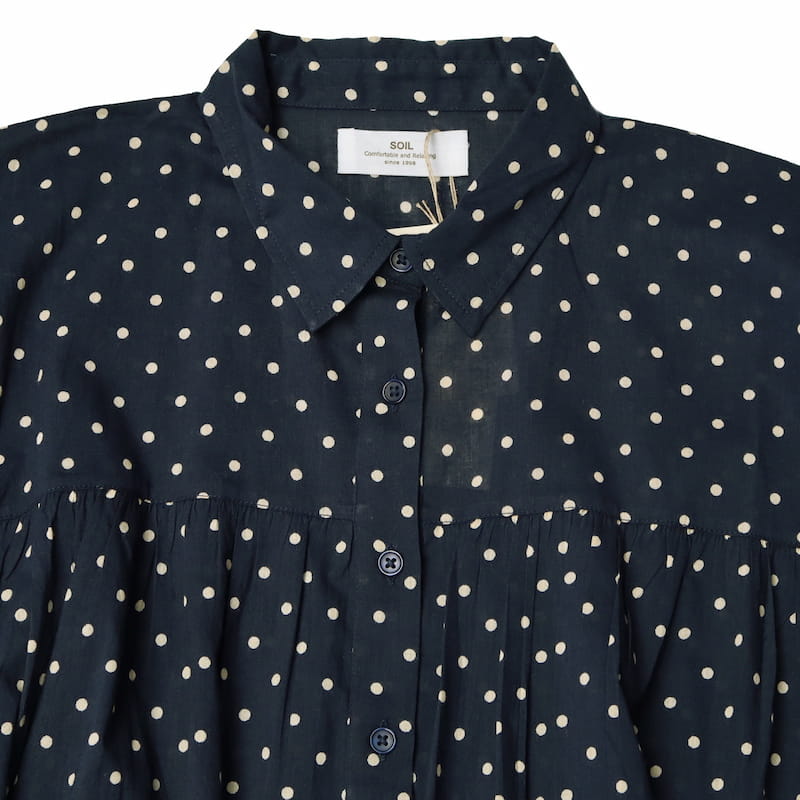 [SOIL]COTTON VOILE DOT PRINT GATHERED SHIRT｜NSL22011/ネイビー/グレー