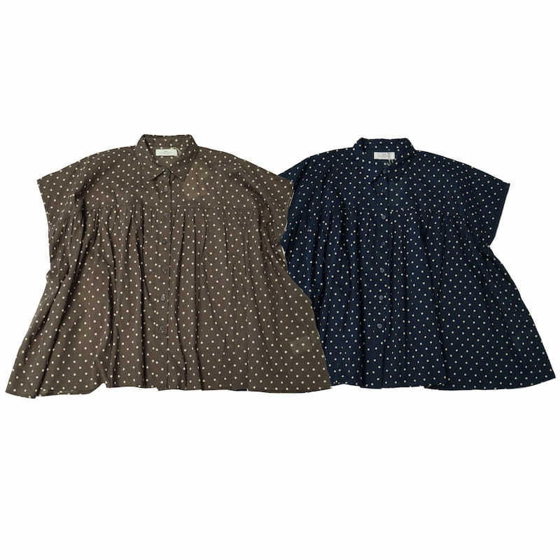 [SOIL]COTTON VOILE DOT PRINT GATHERED SHIRT｜NSL22011/ネイビー/グレー