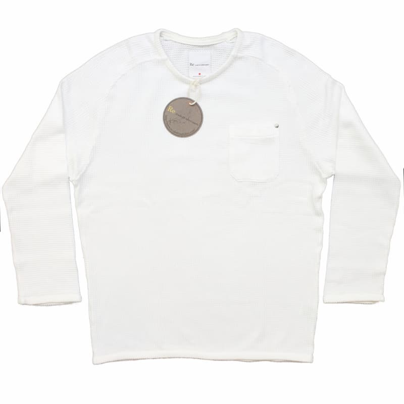 [RE clothing] ライトワッフル ポケットプルオーバー9分袖：WHITE