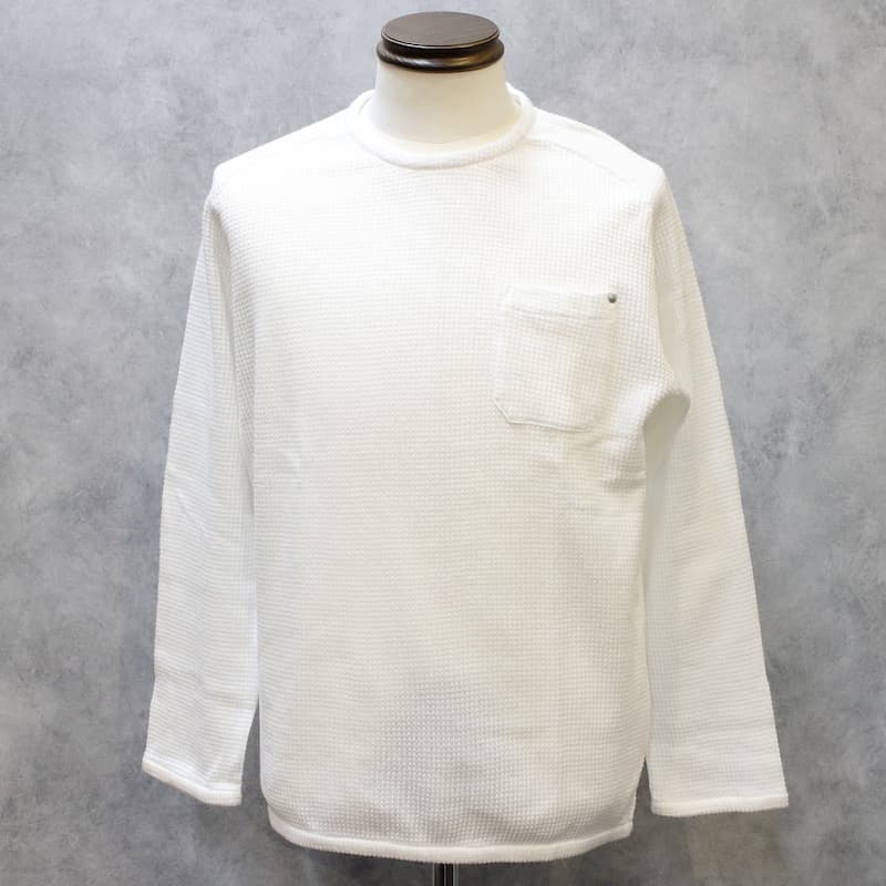 [RE clothing] ライトワッフル ポケットプルオーバー9分袖：WHITE